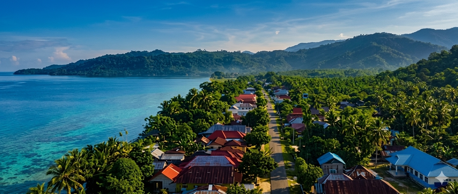 Panorama pesisir Bajugan dengan laut biru, deretan kelapa, dan permukiman